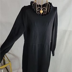 Merino Wool Black Sweater Dress with Ruffled Neckline Size Large